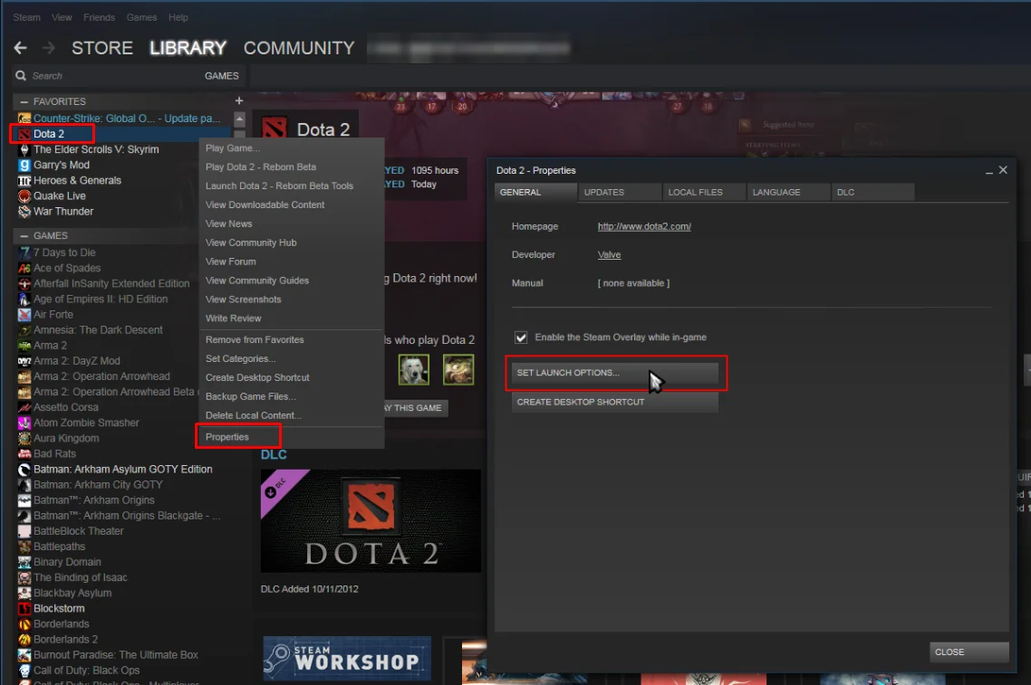 Steam Library: right-click Dota 2, choose Properties, then Set Launch Options on the General tab