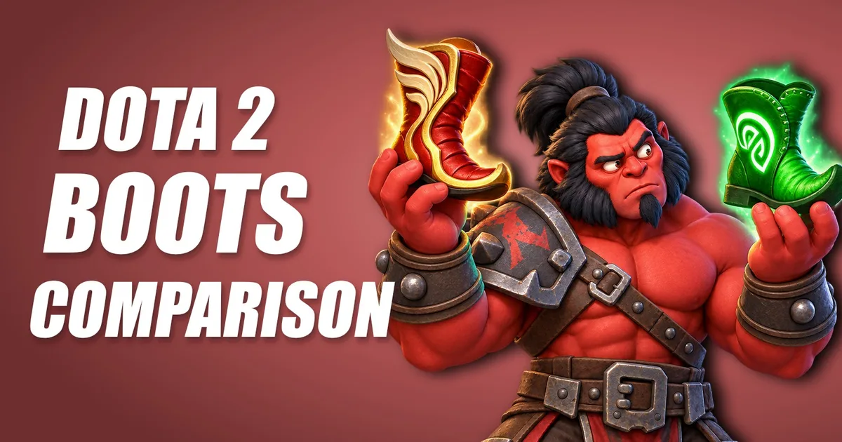 Axe comparing two glowing boots, one in each hand, title image of the Boots Comparison Tool for Dota 2