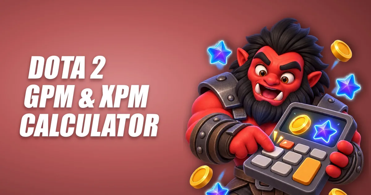 Axe typing on a big calculator with gold coins and experience stars flying around, title image of the GPM & XPM Calculator Tool for Dota 2