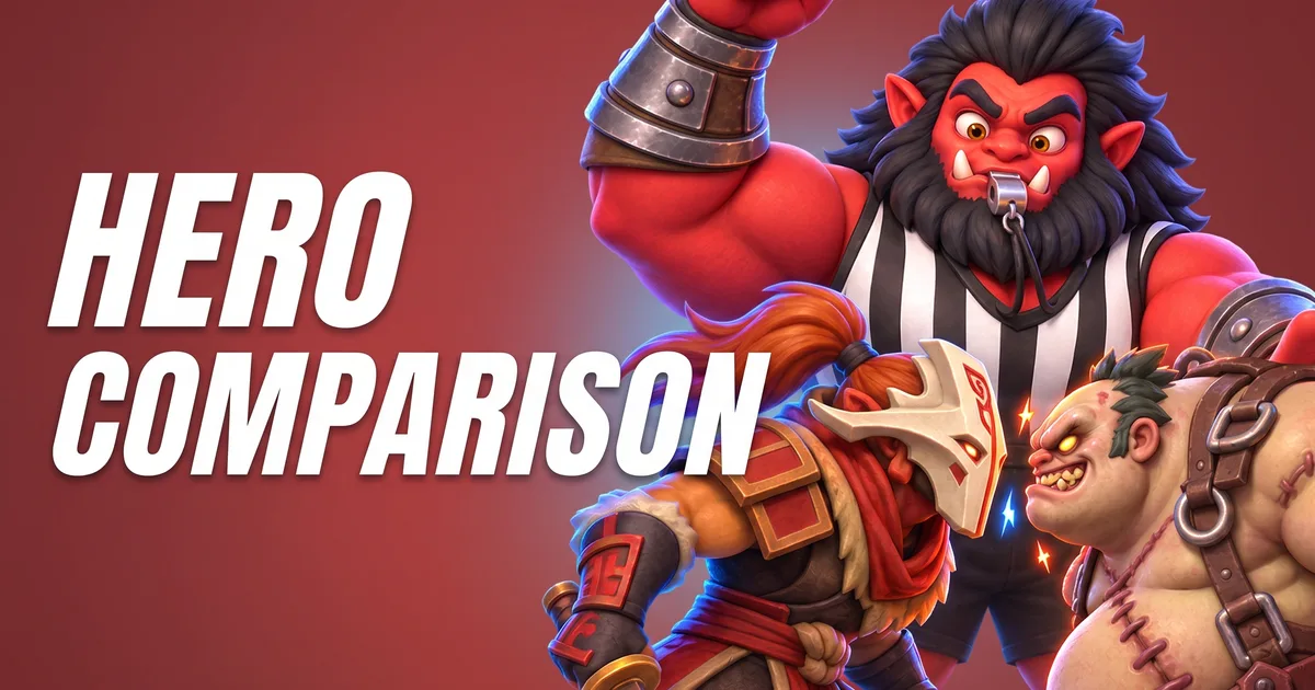 Axe as a referee between Juggernaut and Pudge, title image of the Dota 2 Hero Comparison Tool