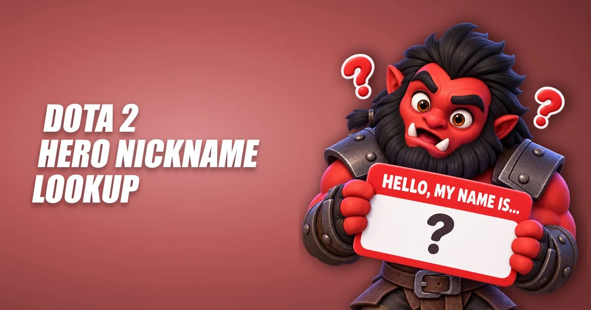 Axe holding a “Hello, my name is” name tag with a question mark, title image of the Hero Nickname Lookup Tool for Dota 2