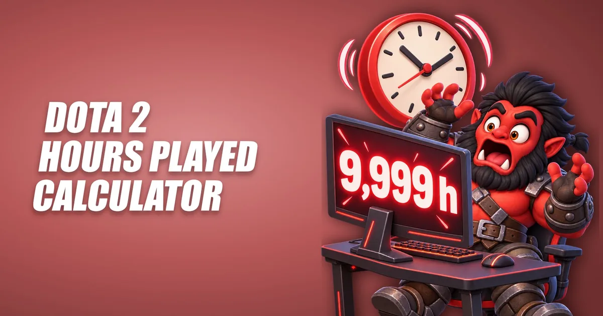 Shocked Axe at his gaming desk, the monitor shows 9,999 hours and an alarm clock rings behind him, title image of the Dota 2 Hours Played Calculator Tool