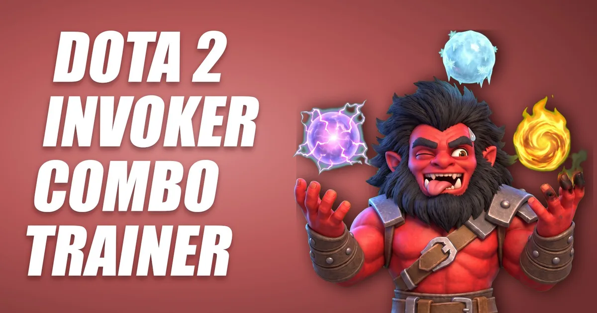Axe juggling three glowing Invoker orbs, ice, lightning and fire, with singed fingers, title image of the Invoker Combo Trainer Tool