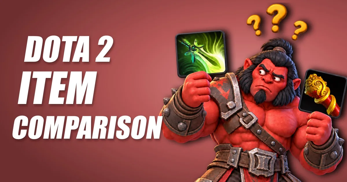 Axe holding two Dota 2 item cards with question marks over his head, title image of the Item Comparison Tool