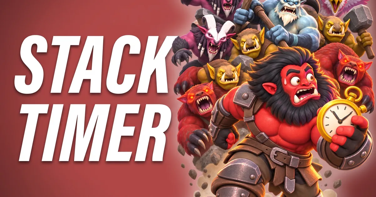 Axe running with a stopwatch from a pile of angry neutral creeps, title image of the Dota 2 Stack Timer Tool