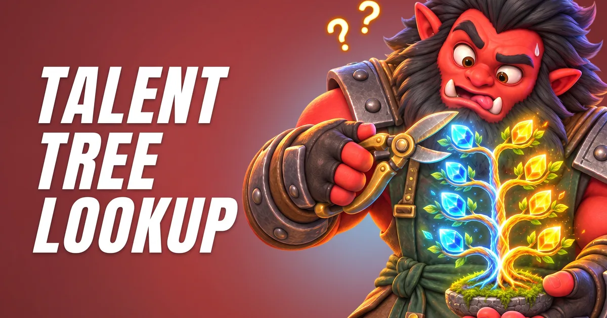 Axe in a gardener apron trimming a glowing tree with blue and gold crystal leaves, title image of the Dota 2 Talent Tree Lookup Tool