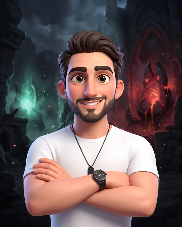 3D caricature of Claudio from the dota2-tools.com team, arms crossed